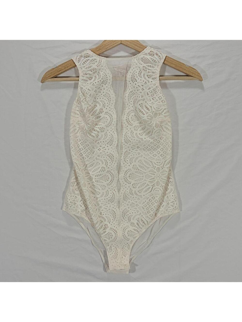 White Lace Bodysuit Mesh High Neck Sheer Deep V Victoria's Secret Size S